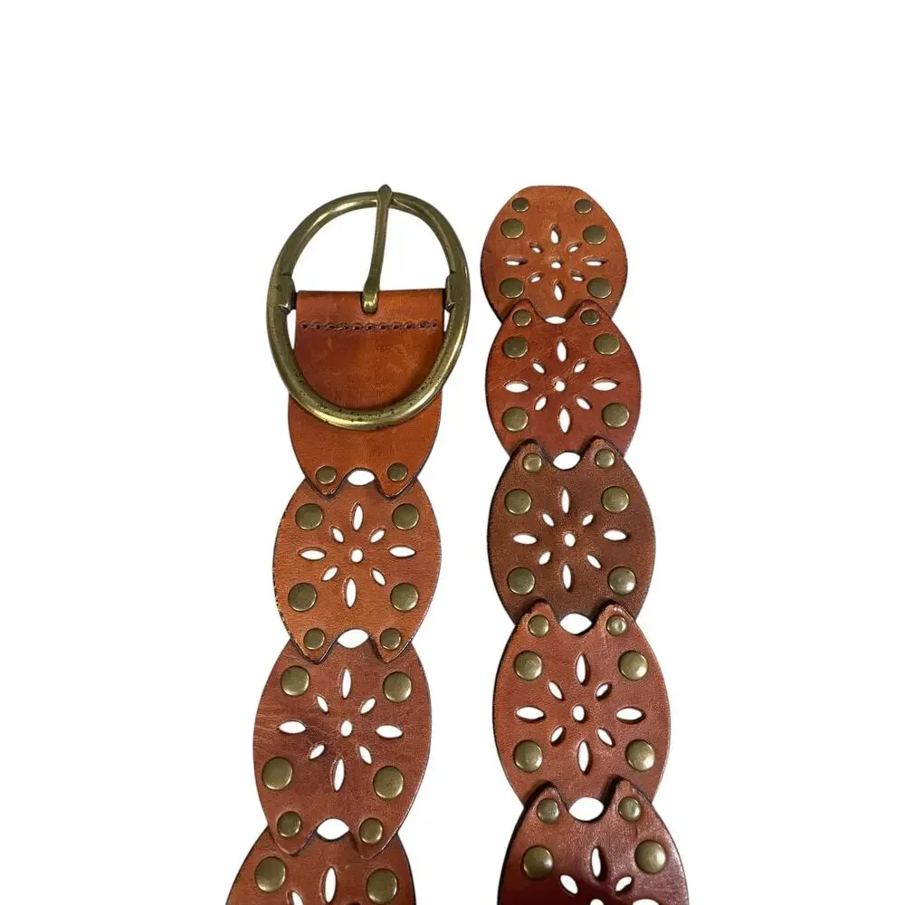 Unbranded Women’s Brown Leather Boho Cutout Floral Studded Belt Measures: 36.5”